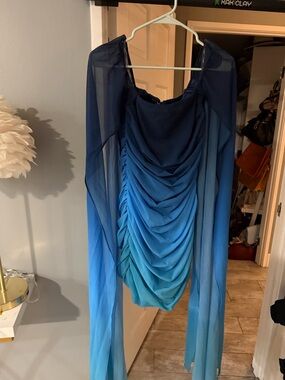 Club L London Blue Ombre Draped Long Sleeve Evening Dress